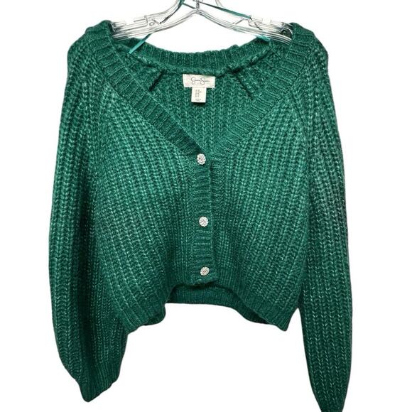 Jessica Simpson Emerald Green Knit Cardigan Jeweled Buttons V-Neckline Size M - Picture 6 of 13